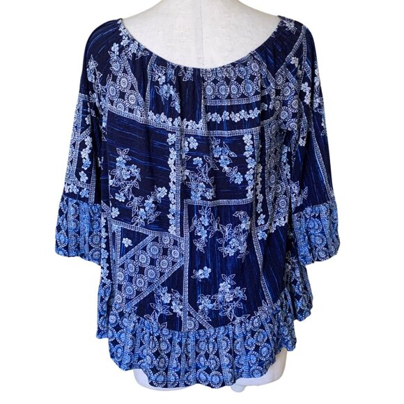 Style & Co Boho-Chic Blue Floral Bell Sleeve Blouse Size PM - Picture 4 of 7